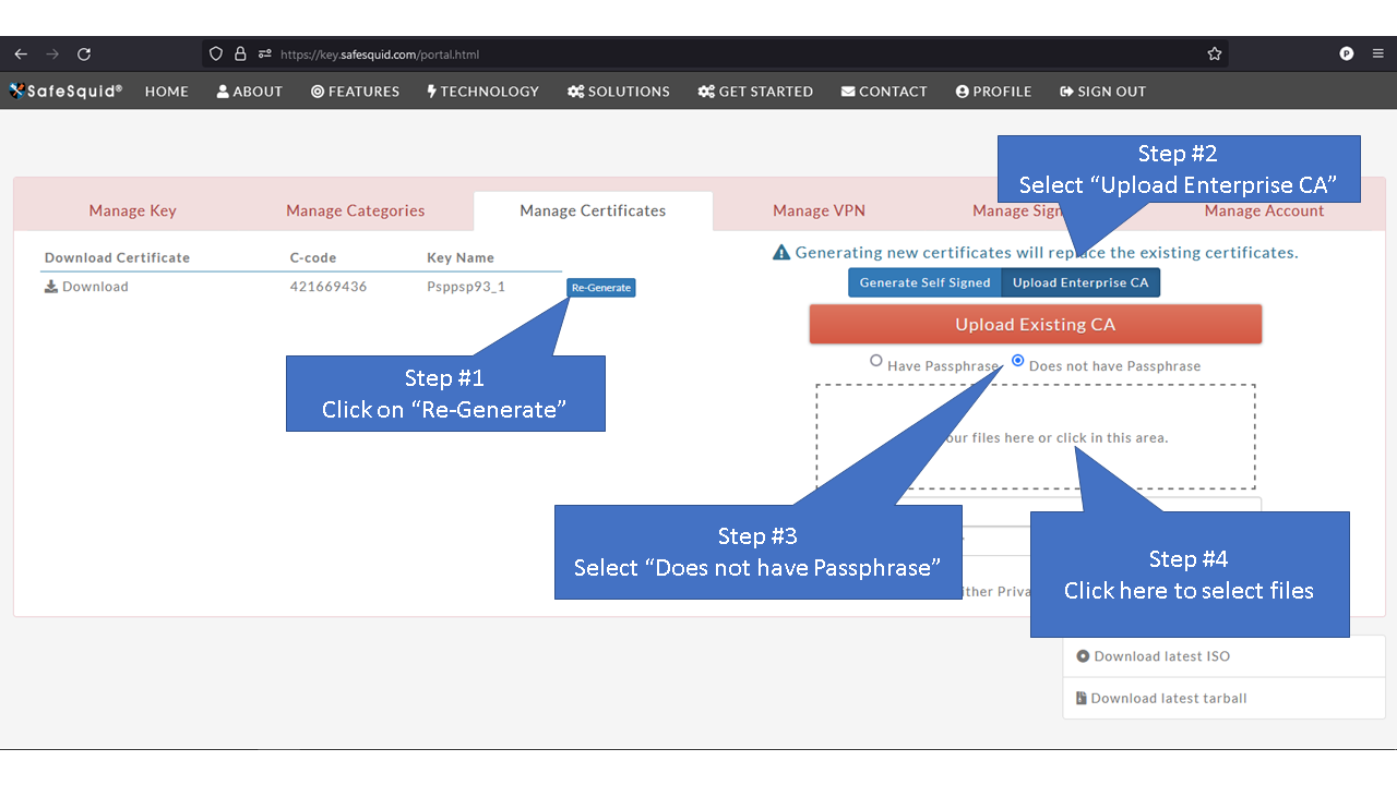 clicking on regenerate, uploading the enterprise CA cert and selecting does not have passphrase option , Picture