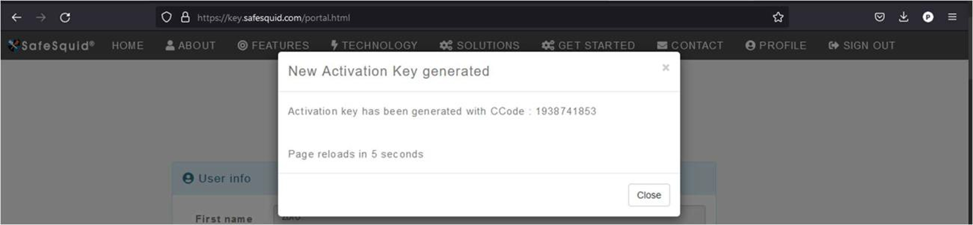 clicking on close after generating the activation key, Picture