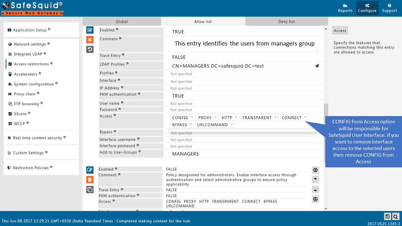select or deselect CONFIG option for the safesquid interface access 