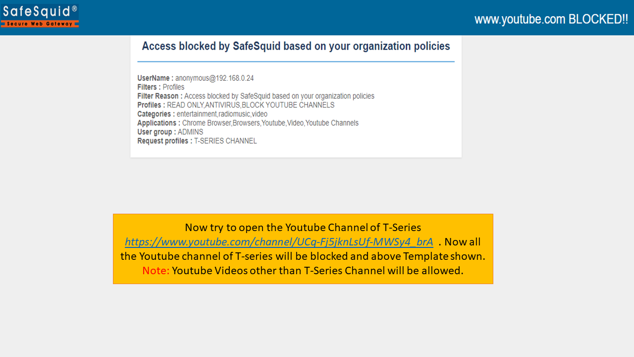 Test result of the YouTube Channel Blocked