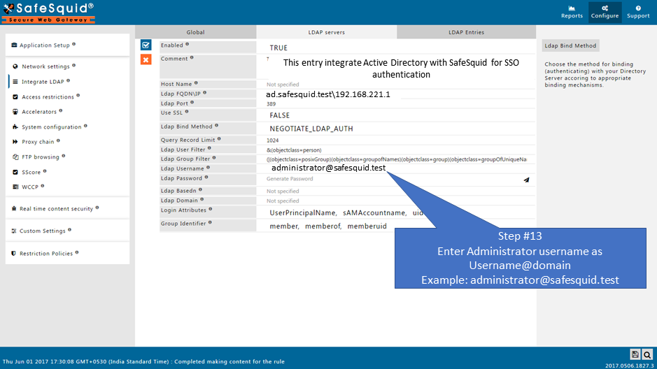 entering adminstrator username. example: administrator@safesquid.test