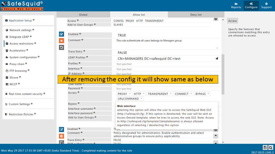 after removing the config it will show the information about web interface in the drop down