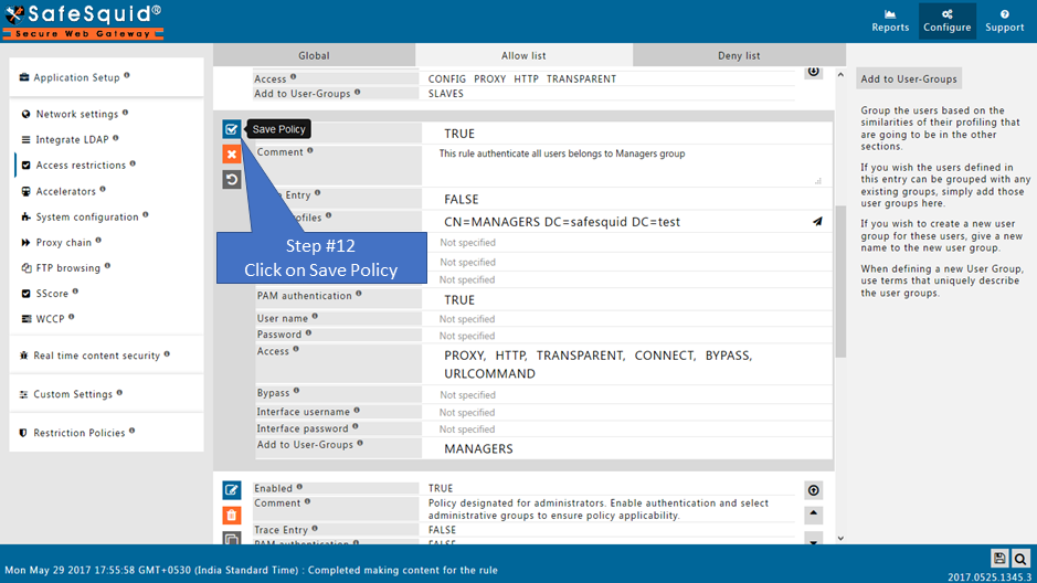 clicking on save policy