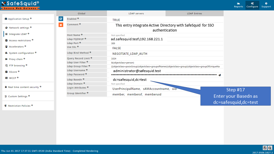 entering your basedn as dc=safesquid,dc=test ( example)
