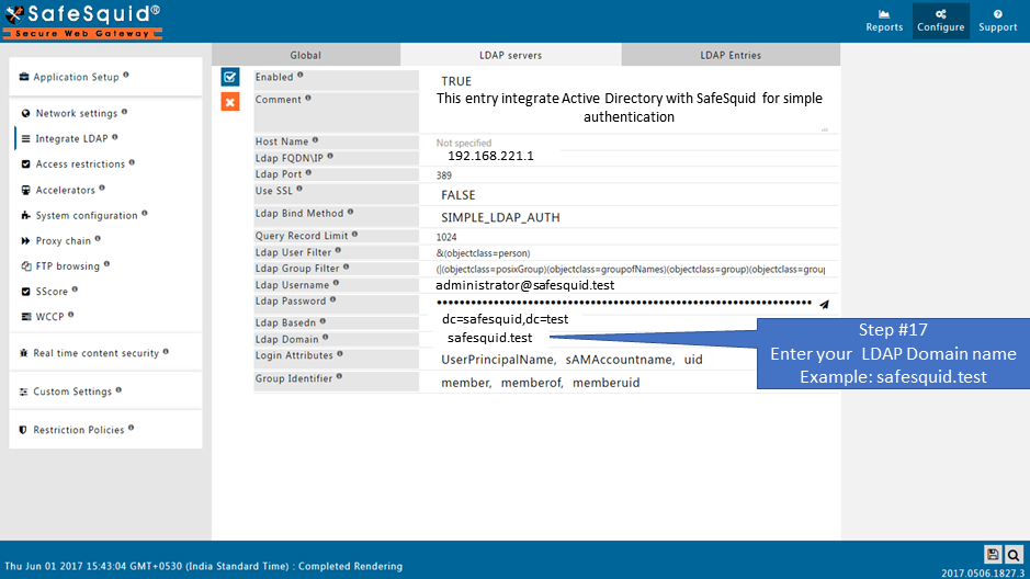 entering your ldap domain name. example: safesquid.test
