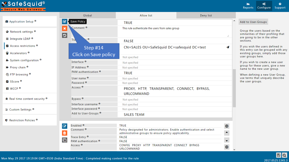 clicking on save policy
