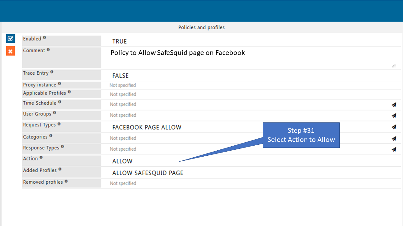 Select Action allow in the policy that allow only specific page of Facebook 