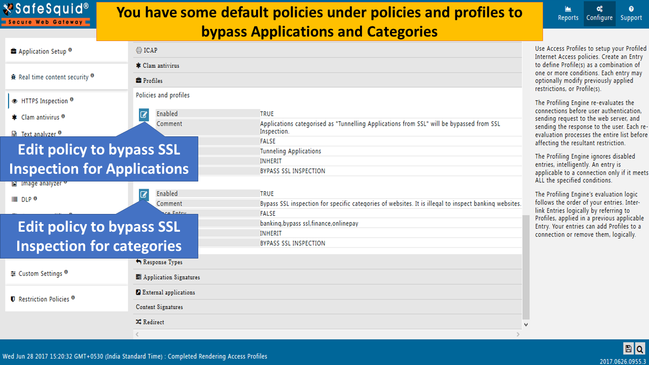 editing the default policies to bypass ssl inspection for applications and categories, Picture
