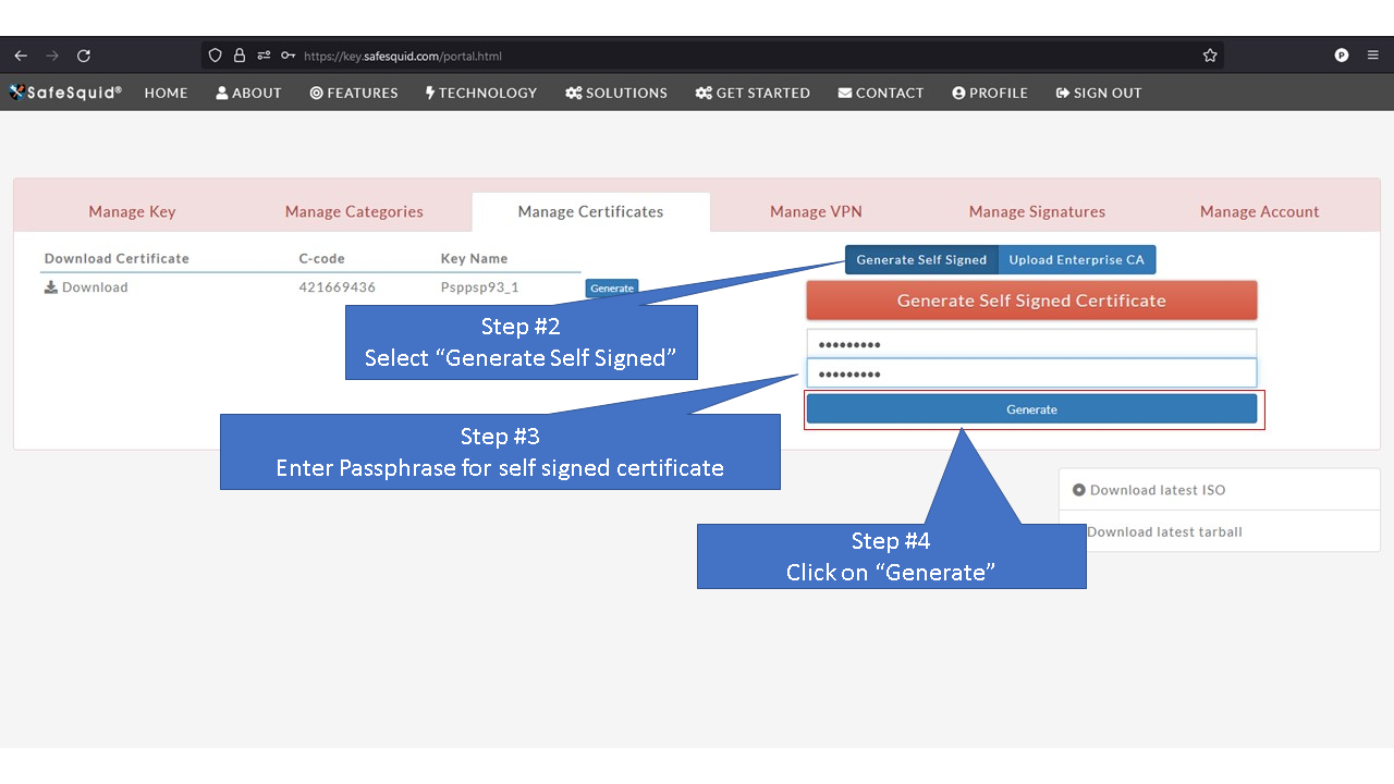 selecting general self signed and entering passphrase for self signed certificate and clicking on generate, Picture
