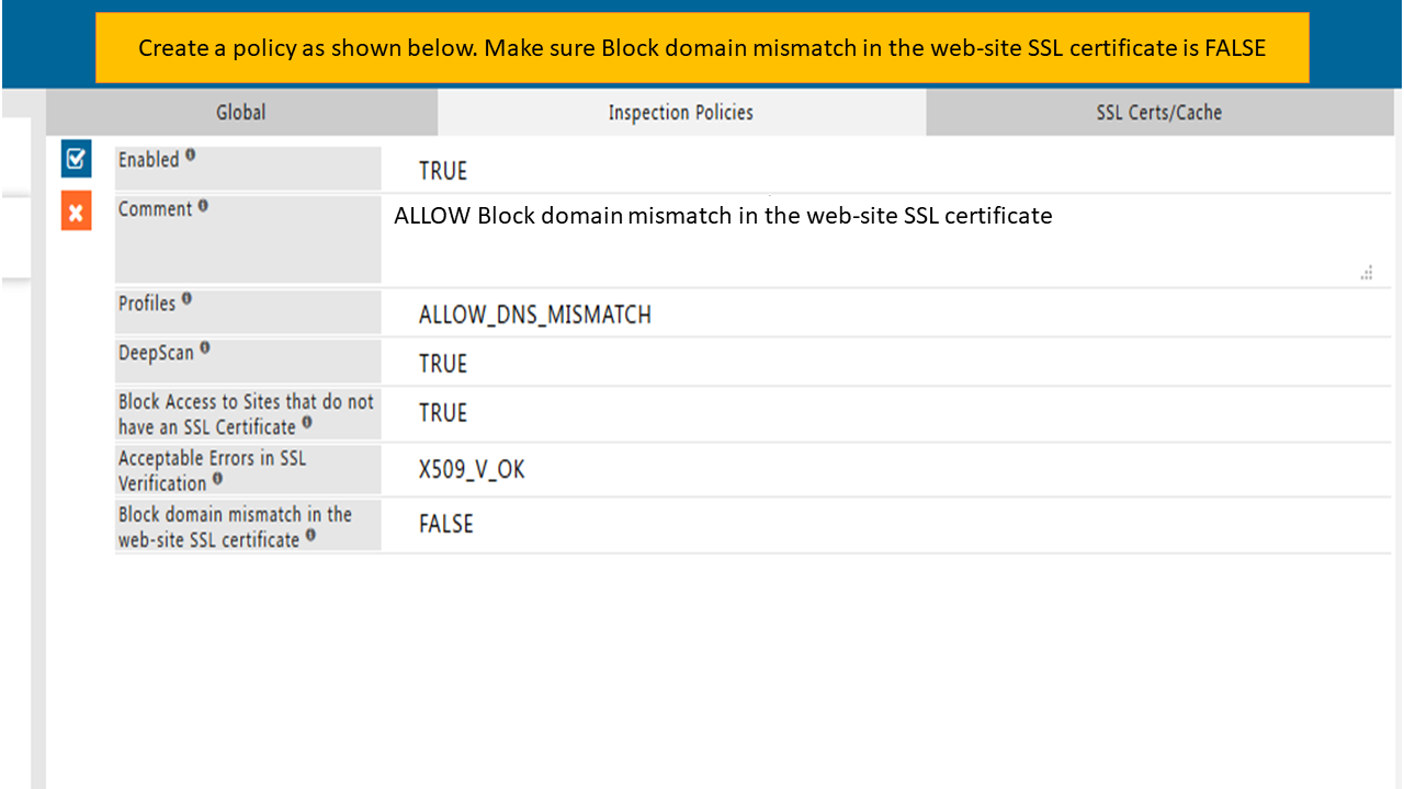 showing settings to configure a security policy, allowing &quot;block domain mismatch in the website ssl certificate&quot;