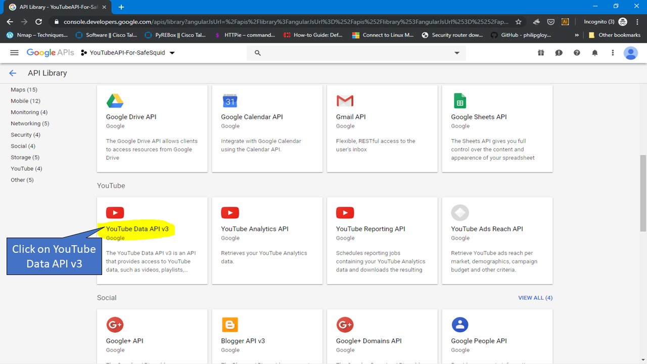 Select YOUTUBE DATA API V3 to integrate Youtube API with safesquid